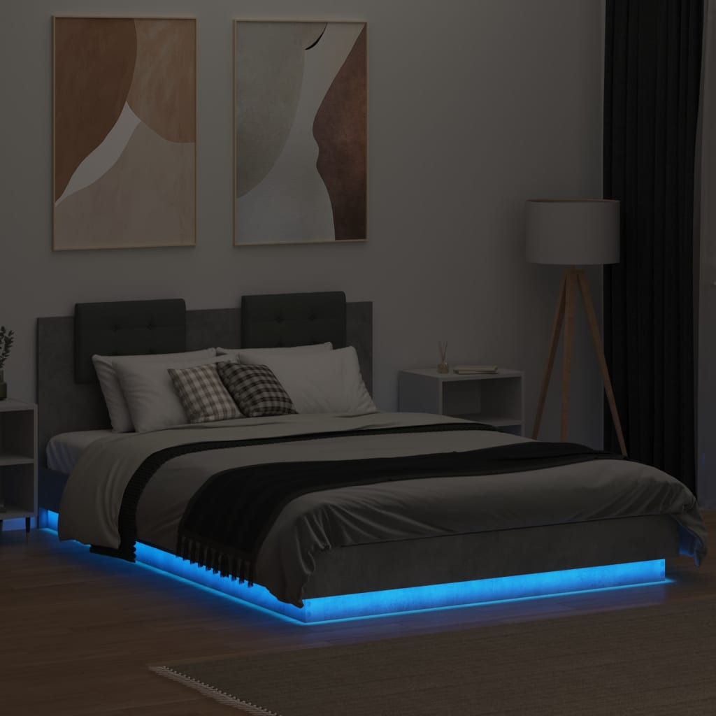 betonszürke ágykeret fejtámlával és LED-világítással 120x200 cm