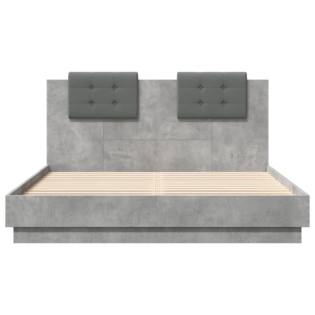 betonszürke ágykeret fejtámlával és LED-világítással 120x200 cm