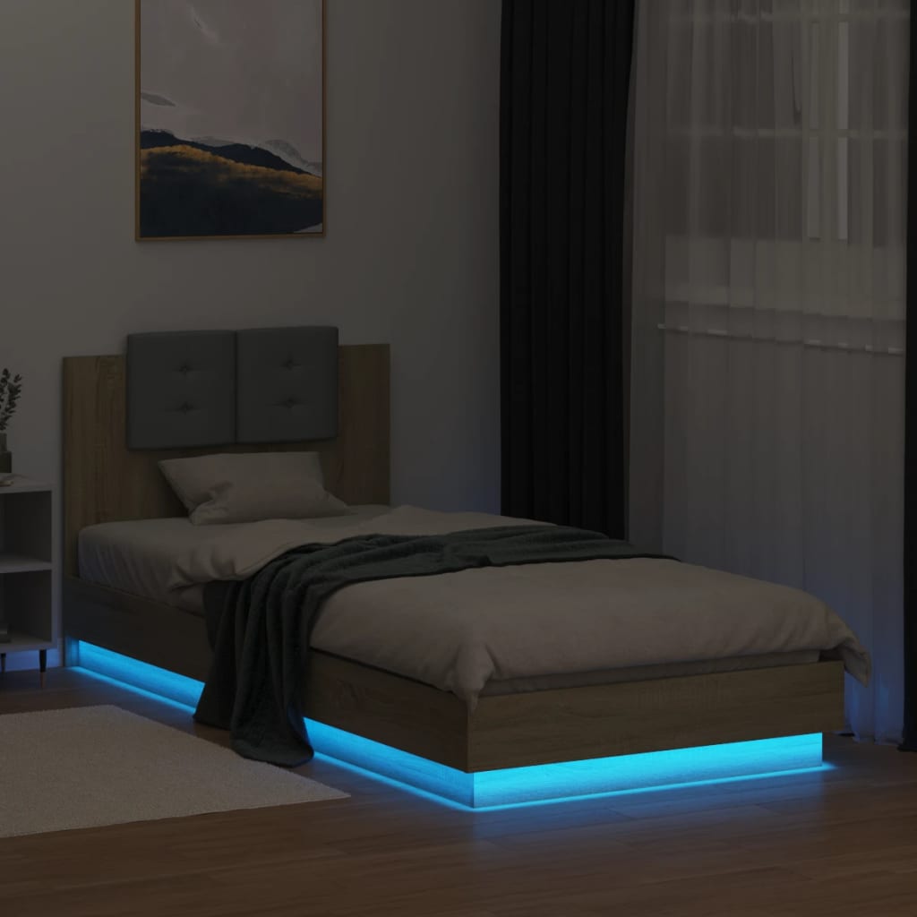 sonoma tölgy színű ágykeret fejtámlával és LED-ekkel 90x200 cm