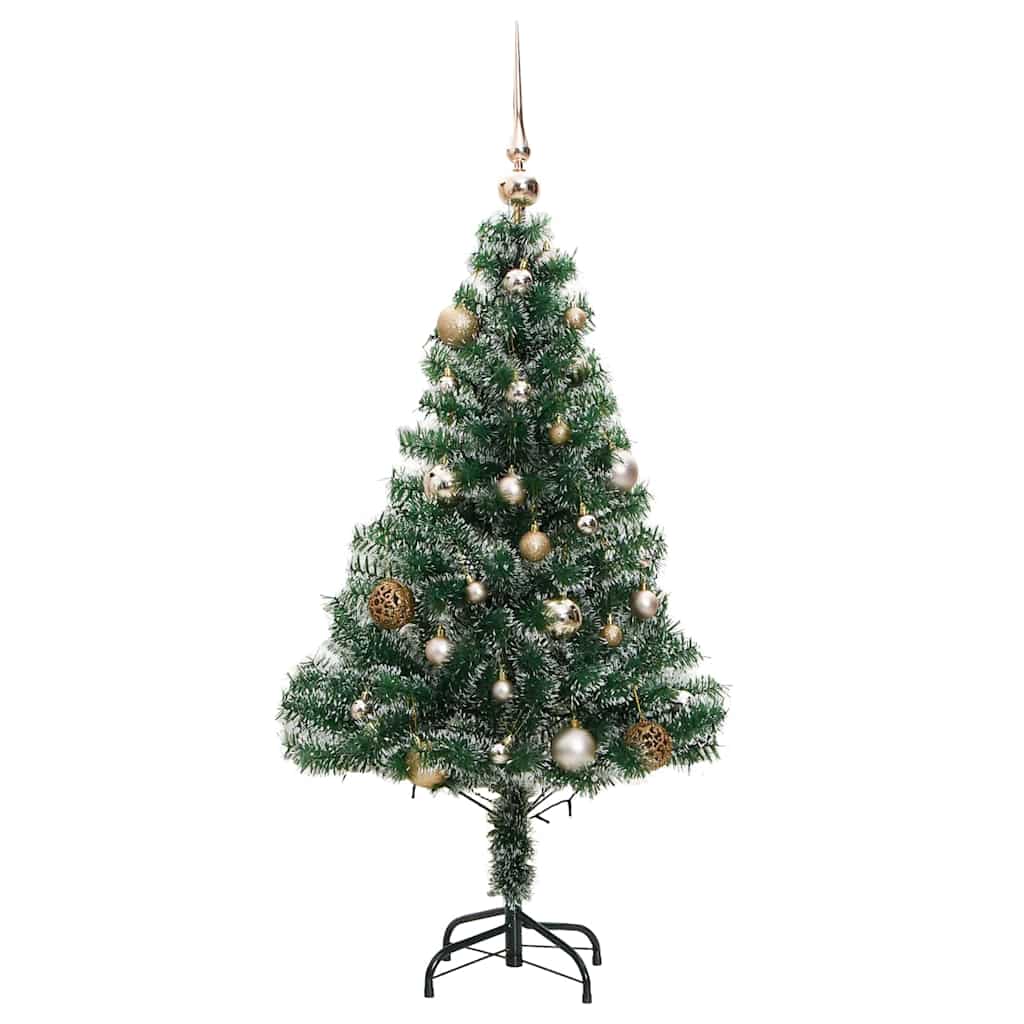 műkarácsonyfa 150 LED-del, gömbszettel és hópehellyel 120 cm
