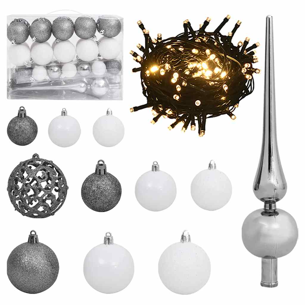 csuklópántos műkarácsonyfa 150 LED-del és gömbökkel 150 cm