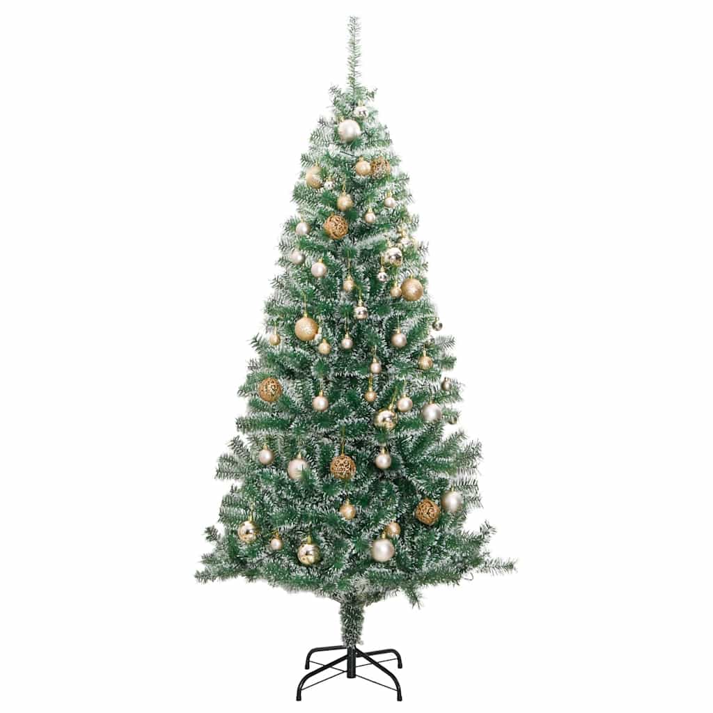 műkarácsonyfa 300 LED-del, gömbszettel és hópehellyel 240 cm