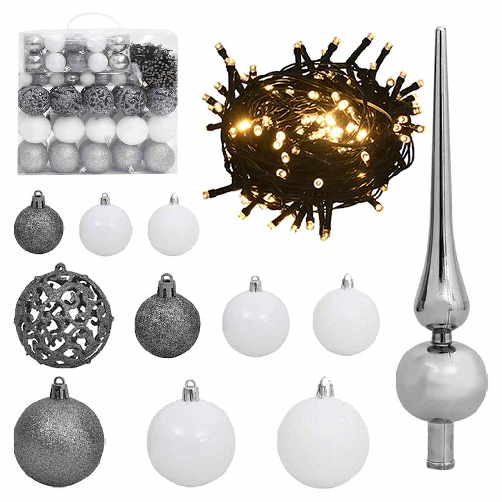 csuklópántos műkarácsonyfa 300 LED-del és gömbökkel 270 cm