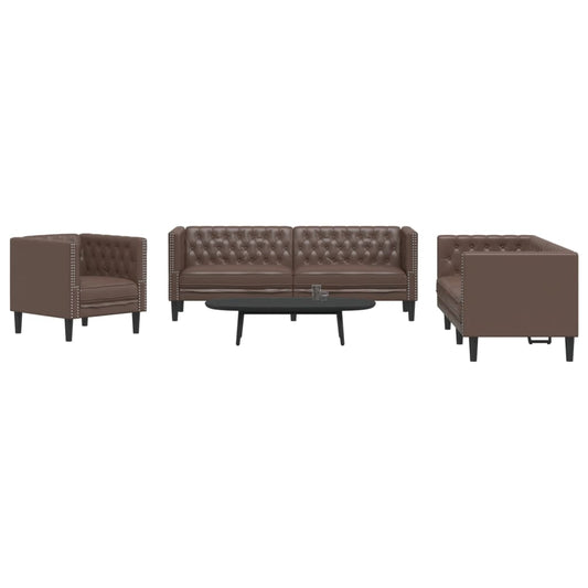 3 részes barna műbőr Chesterfield kanapégarnitúra