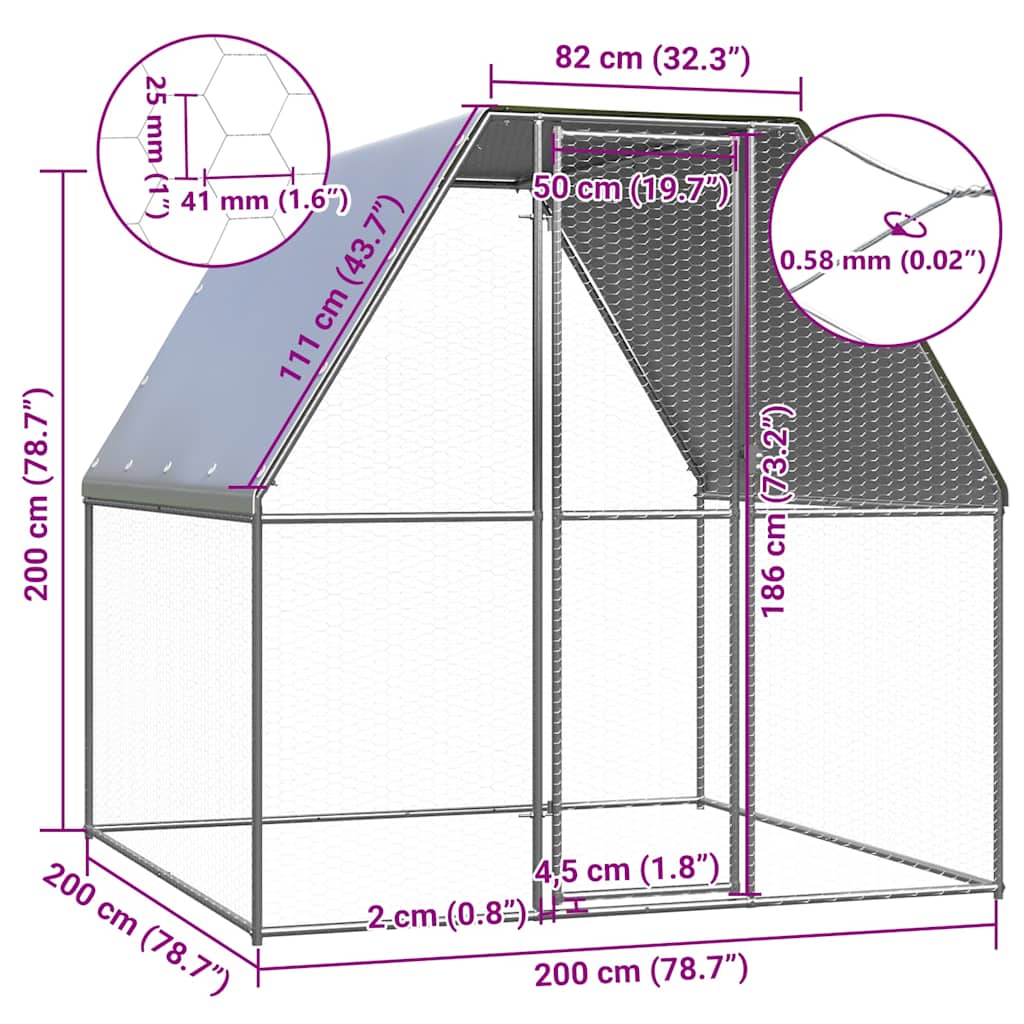 ezüst és szürke horganyzott acél tyúkketrec 2 x 2 x 2 m