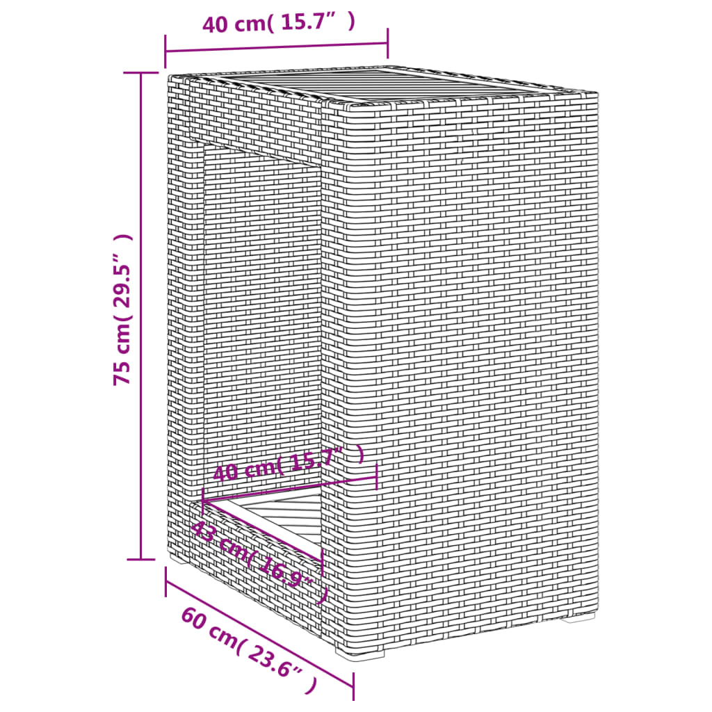 fekete polyrattan kerti kisasztal fa asztallappal 60x40x75 cm