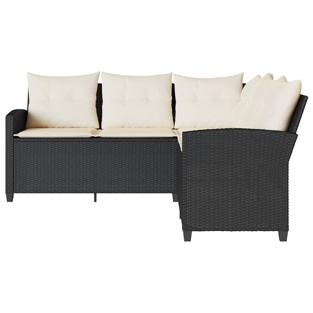 fekete polyrattan L-alakú kanapé párnákkal