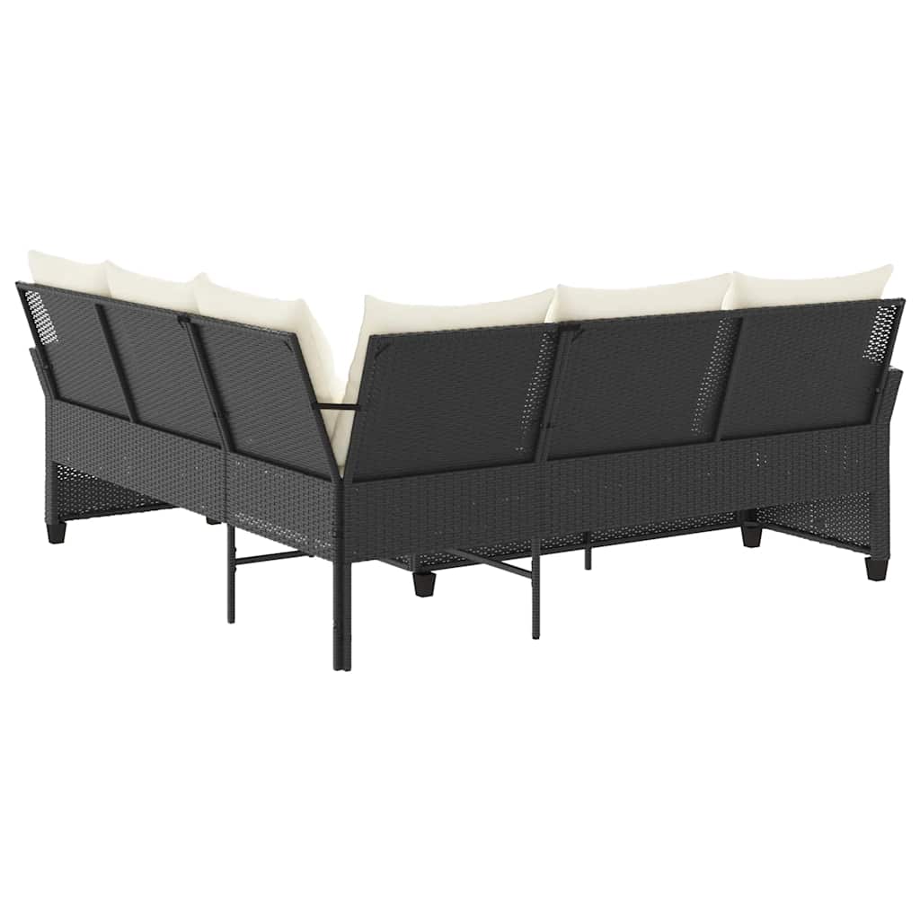fekete polyrattan L-alakú kanapé párnákkal