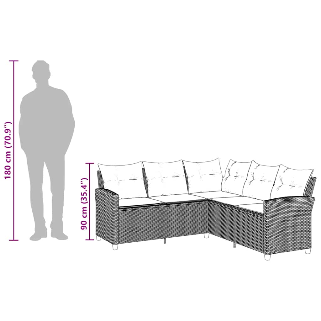 fekete polyrattan L-alakú kanapé párnákkal