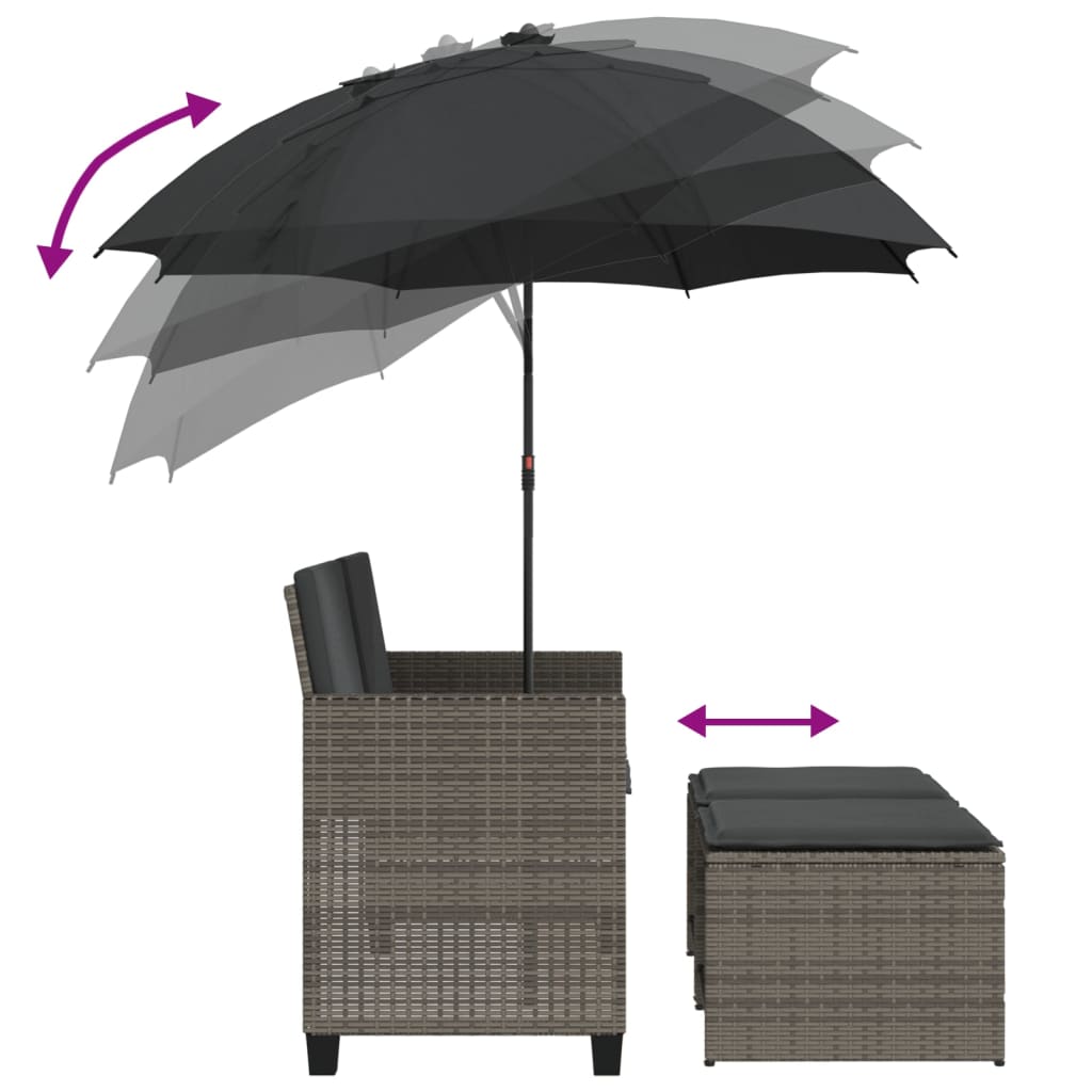 2 személyes szürke polyrattan kerti kanapé napernyővel/székkel