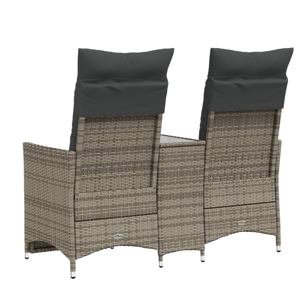 2 személyes szürke polyrattan dönthető kerti kanapé asztallal