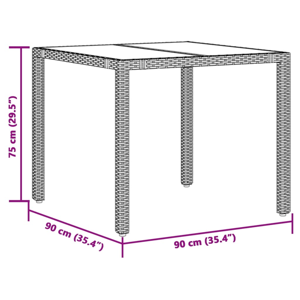 szürke polyrattan üveglapos kerti asztal 90 x 90 x 75 cm