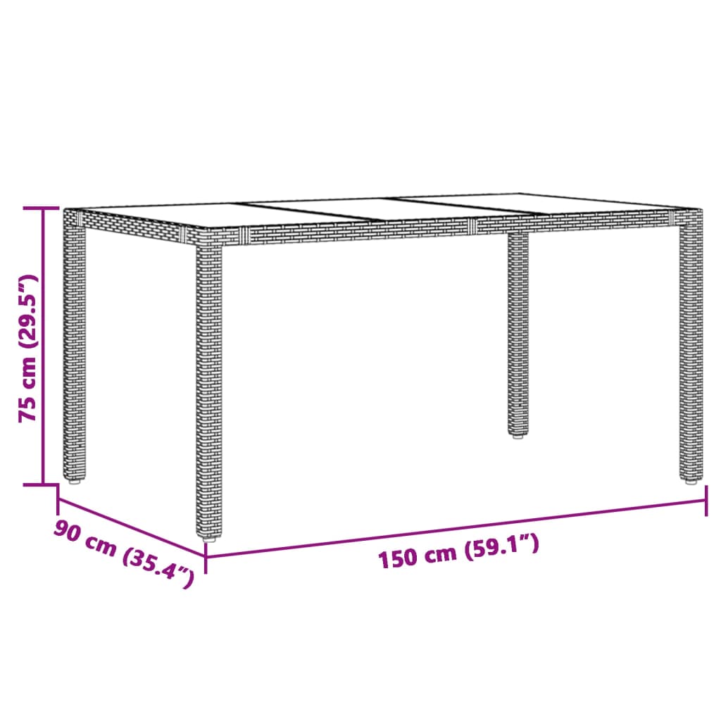 szürke polyrattan üveglapos kerti asztal 150 x 90 x 75 cm