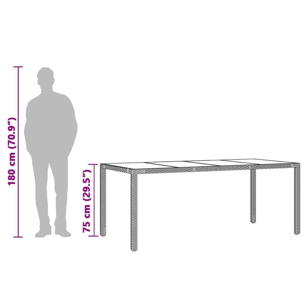 szürke polyrattan üveglapos kerti asztal 190 x 90 x 75 cm