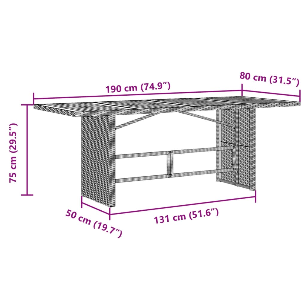 fekete polyrattan kerti asztal akácfa lappal 190 x 80 x 75 cm