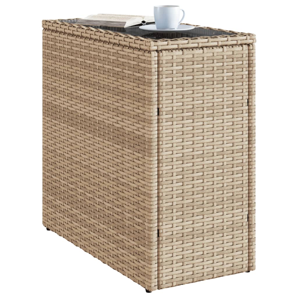 bézs polyrattan kerti kisasztal üveg asztallappal 58x27,5x55 cm