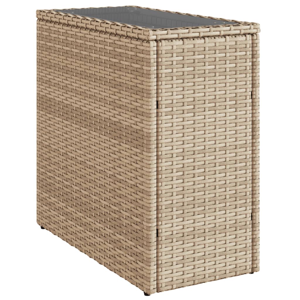 bézs polyrattan kerti kisasztal üveg asztallappal 58x27,5x55 cm