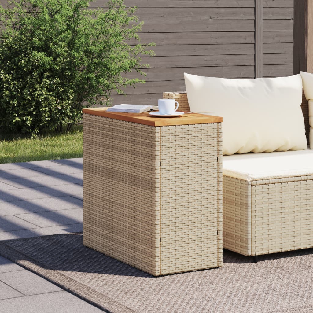 bézs polyrattan kerti kisasztal fa asztallappal 58x27,5x55 cm