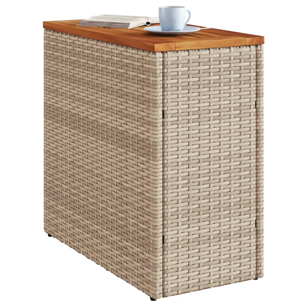 bézs polyrattan kerti kisasztal fa asztallappal 58x27,5x55 cm