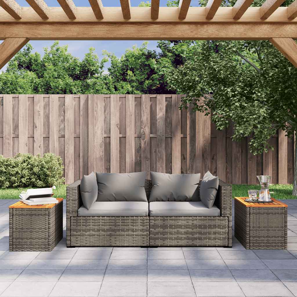 2 db szürke polyrattan és tömör fa kerti kisasztal 55x34x37 cm