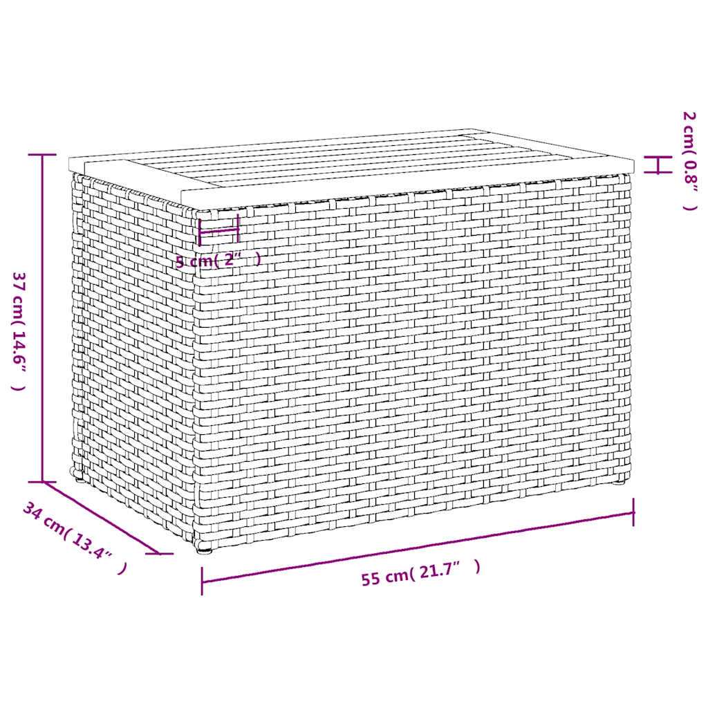 2 db szürke polyrattan és tömör fa kerti kisasztal 55x34x37 cm
