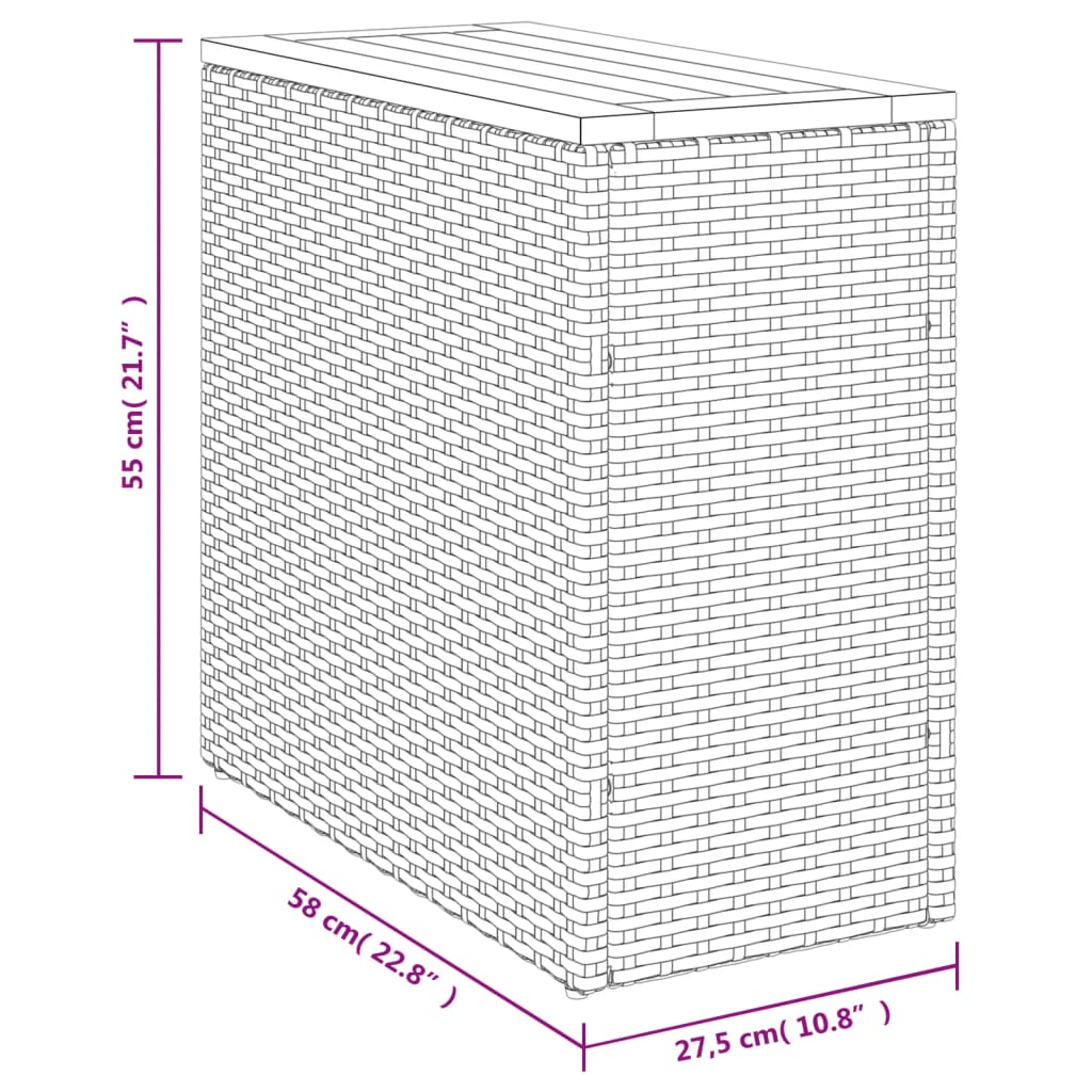 szürke polyrattan falapos kerti kisasztal 58 x 27,5 x 55 cm