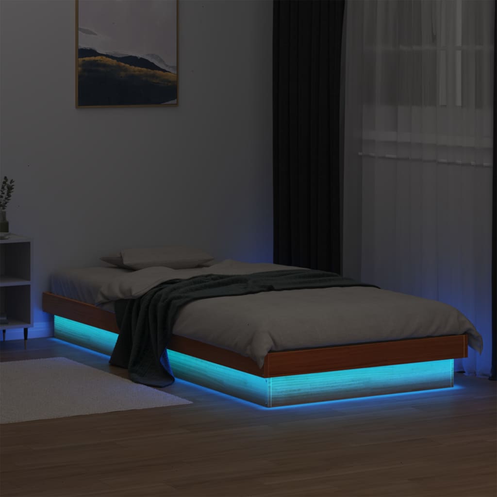 viaszbarna tömör fenyőfa LED.-es ágykeret 90 x 200 cm