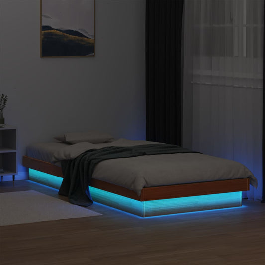 viaszbarna tömör fenyőfa LED.-es ágykeret 90 x 200 cm