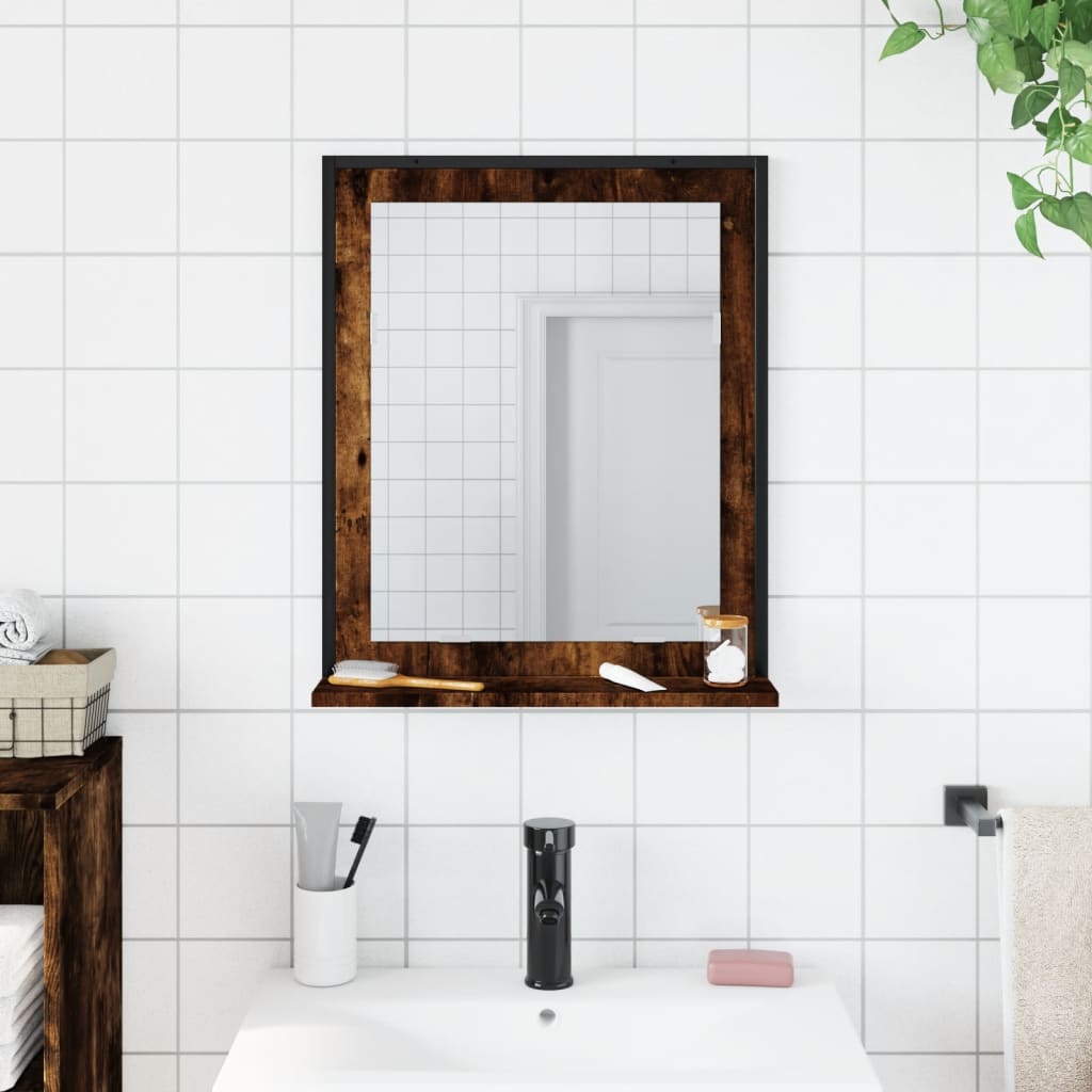 füstölt tölgy szerelt fa fürdőszobai tükör polccal 50x12x60 cm