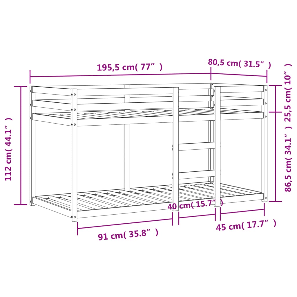viaszbarna tömör fenyőfa emeletes ágy 75 x 190 cm