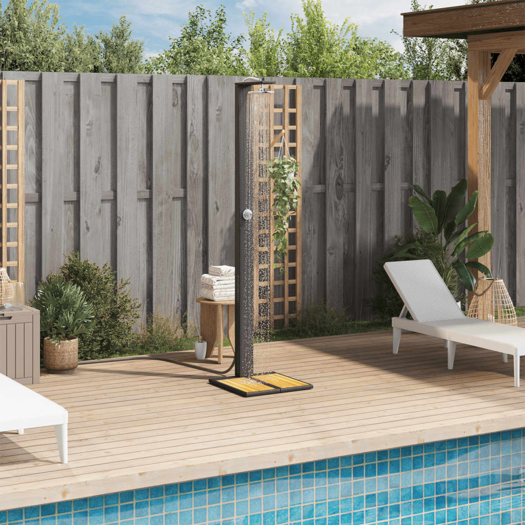 fekete polyrattan és akácfa kültéri zuhanyzó 50 x 55 x 224 cm