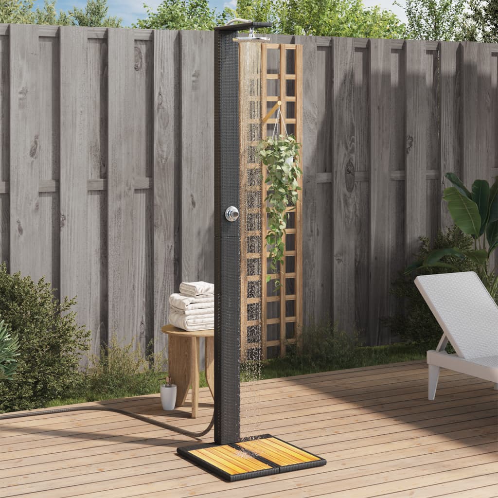 fekete polyrattan és akácfa kültéri zuhanyzó 50 x 55 x 224 cm