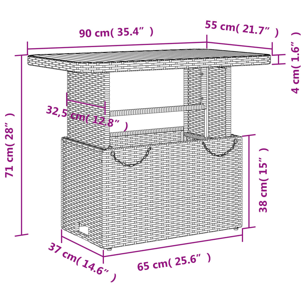 bézs polyrattan és akácfa kerti asztal 90 x 55 x 71 cm