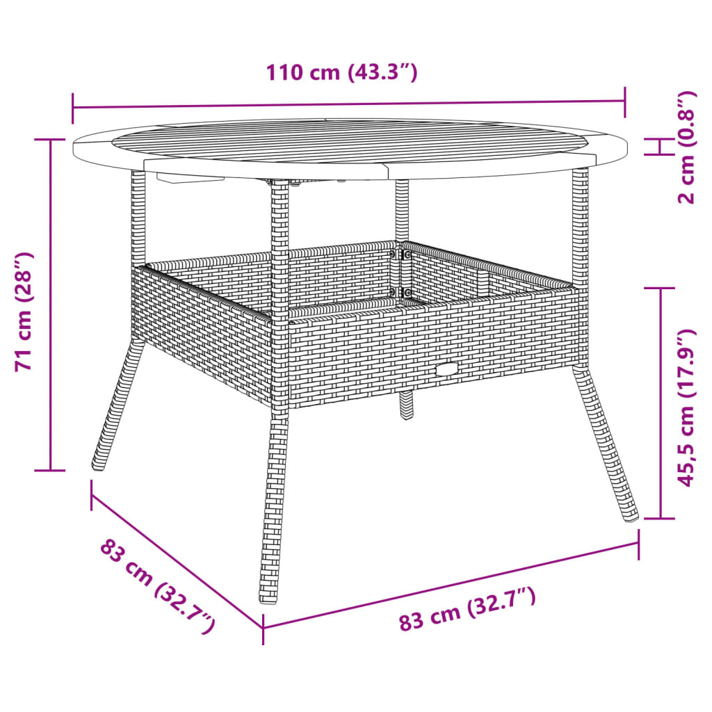 szürke polyrattan kerti asztal akácfa lappal Ø110 x 71 cm