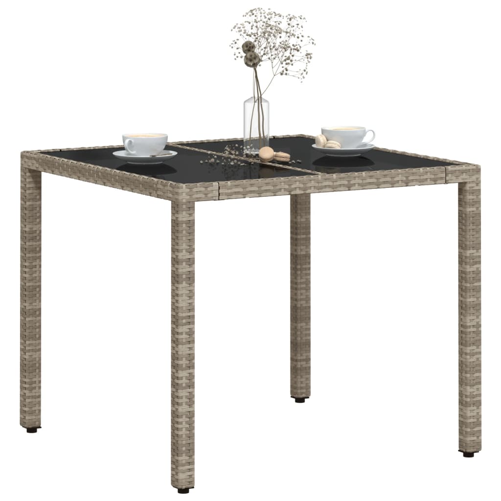 világosszürke polyrattan üveglapos kerti asztal 90 x 90 x 75 cm