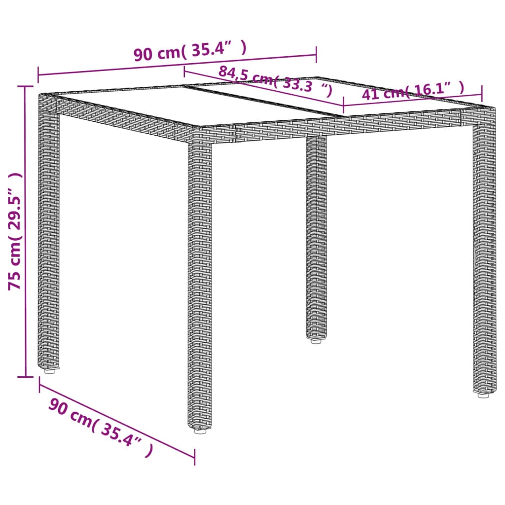világosszürke polyrattan üveglapos kerti asztal 90 x 90 x 75 cm
