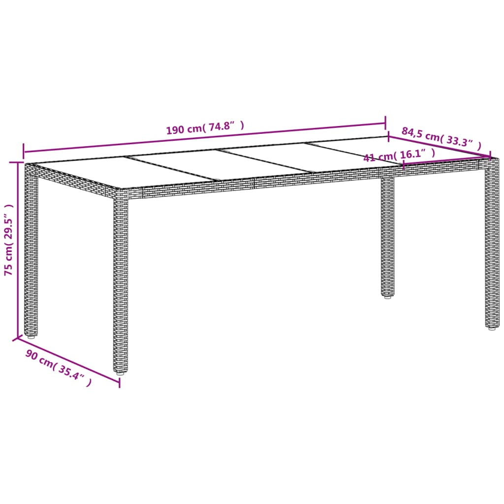 fehér polyrattan üveglapos kerti asztal 190 x 90 x 75 cm