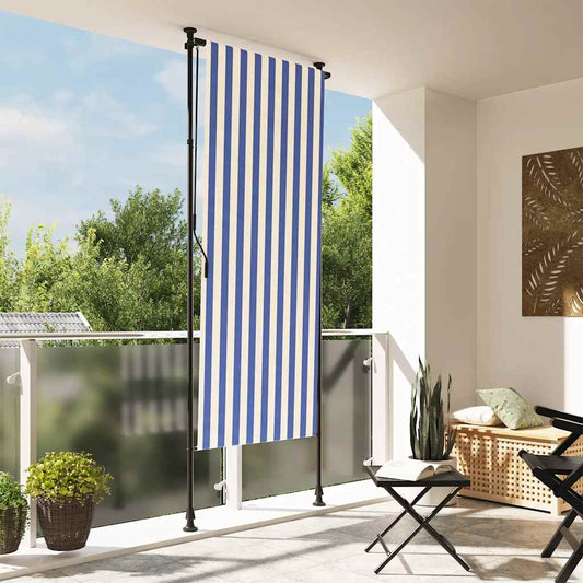 kék és fehér szövet és acél kültéri roló 120 x 270 cm