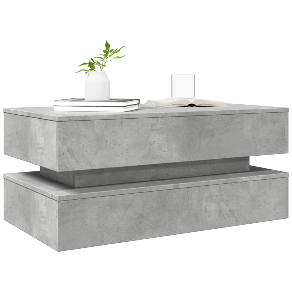 betonszürke dohányzóasztal LED-lámpákkal 90x50x40 cm