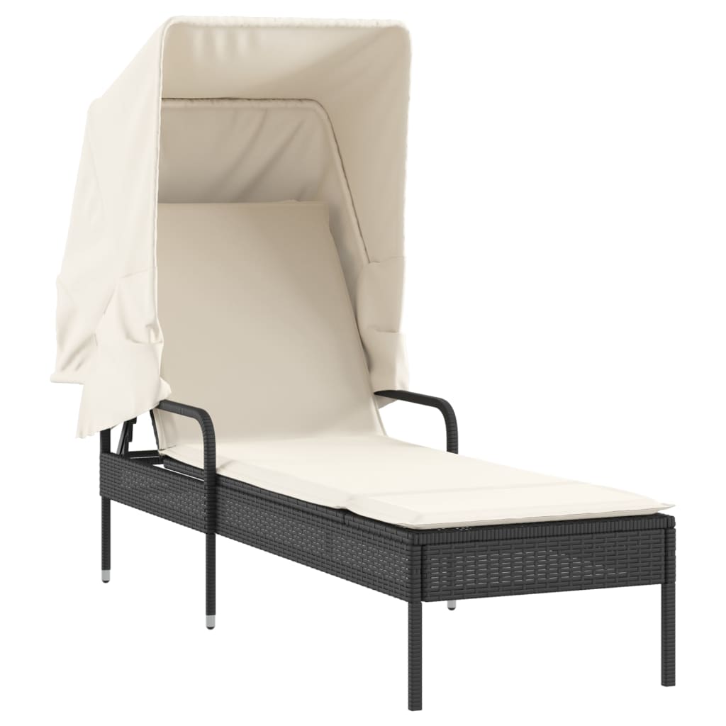 fekete polyrattan napozóágy tetővel