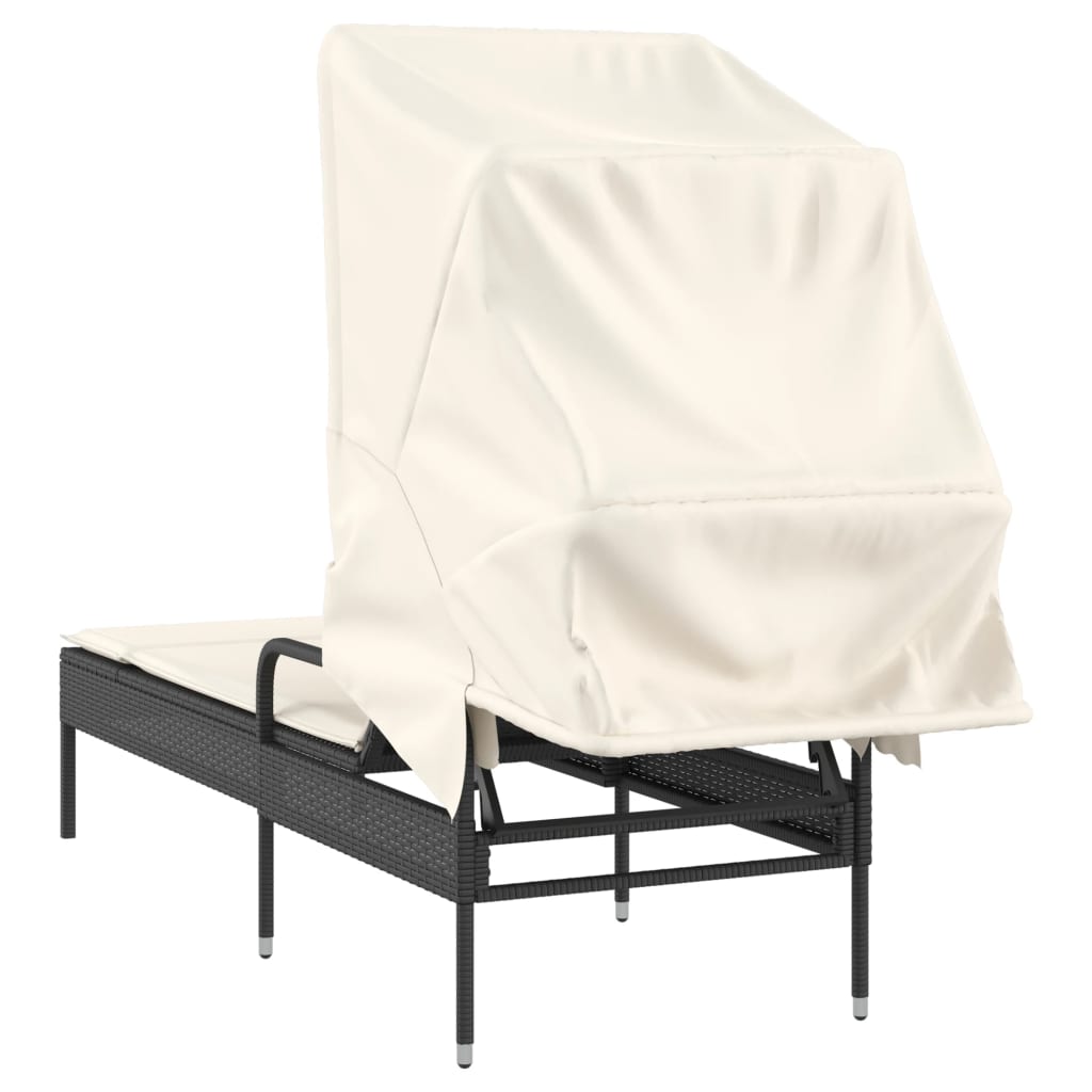 fekete polyrattan napozóágy tetővel