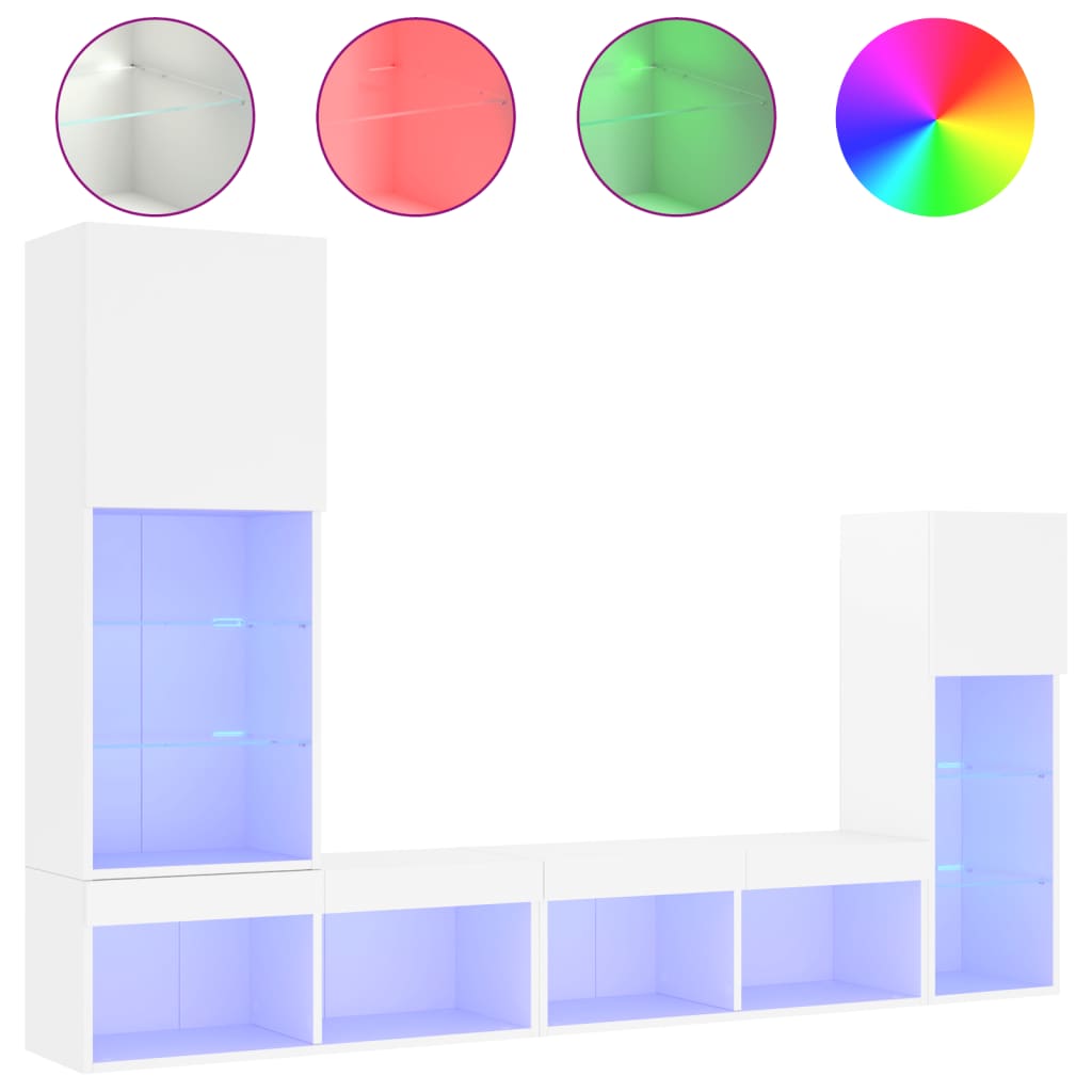 4 darab fehér szerelt fa fali TV-bútor LED-del