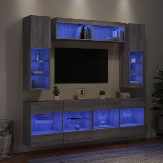 6 db szürke sonoma színű falra szerelhető TV-szekrény LED-ekkel