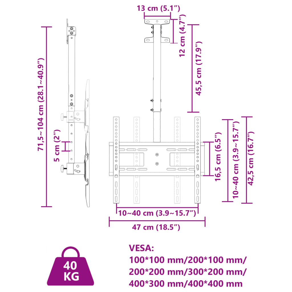 mennyezeti TV-tartó 32"-65" képernyőhöz max VESA 400x400mm 40kg