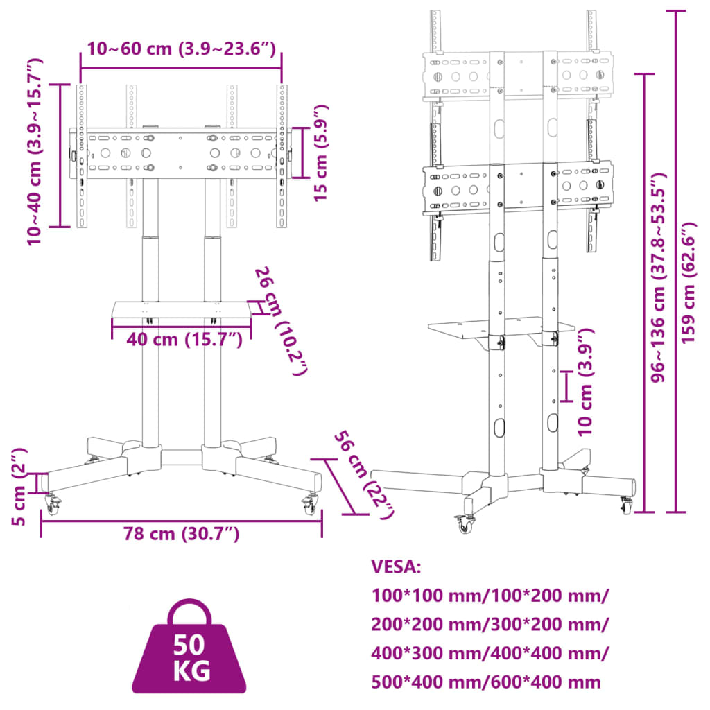 görgős TV-állvány 32"-70" képernyőhöz max VESA 600x400 mm 50 kg
