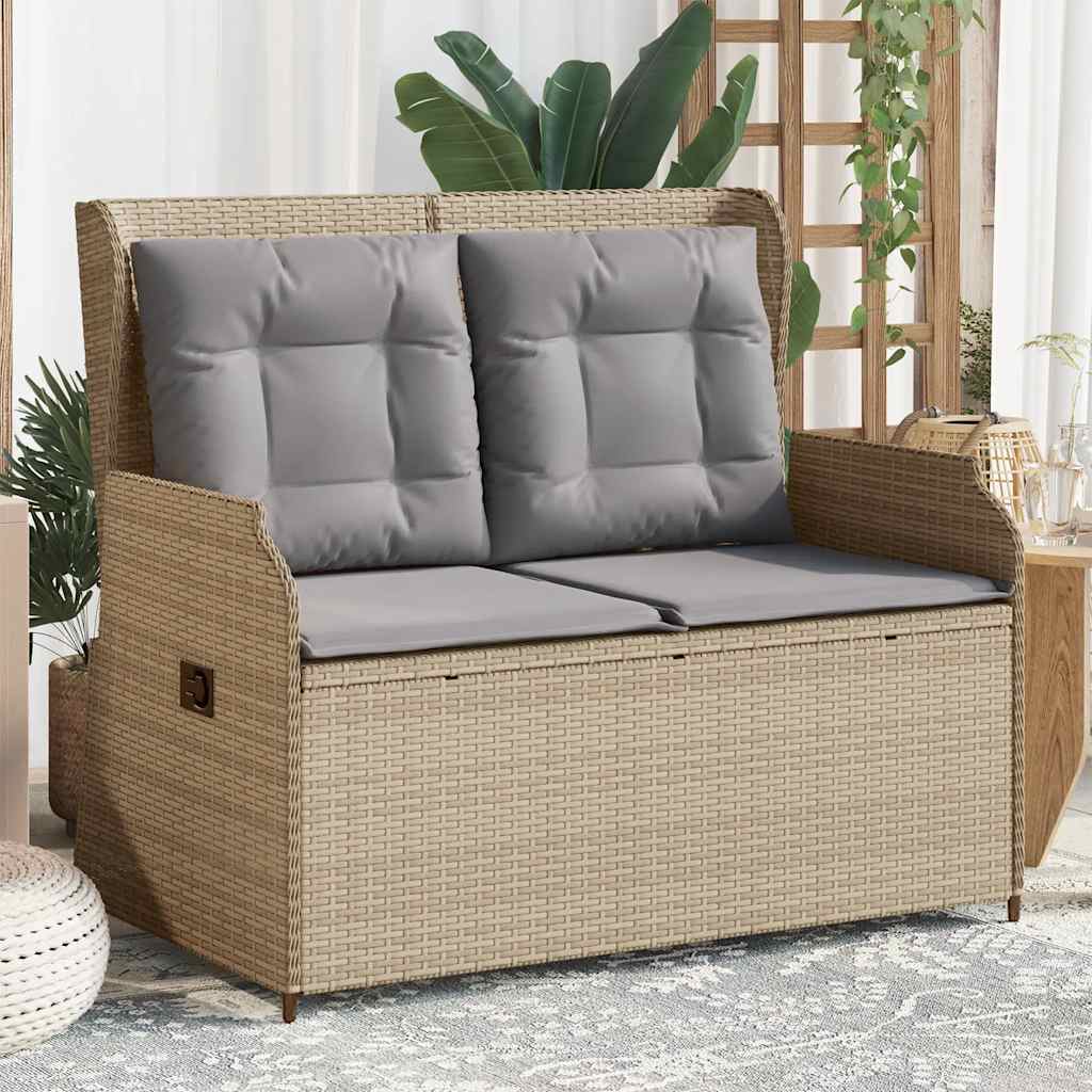 bézs polyrattan dönthető kerti pad párnával