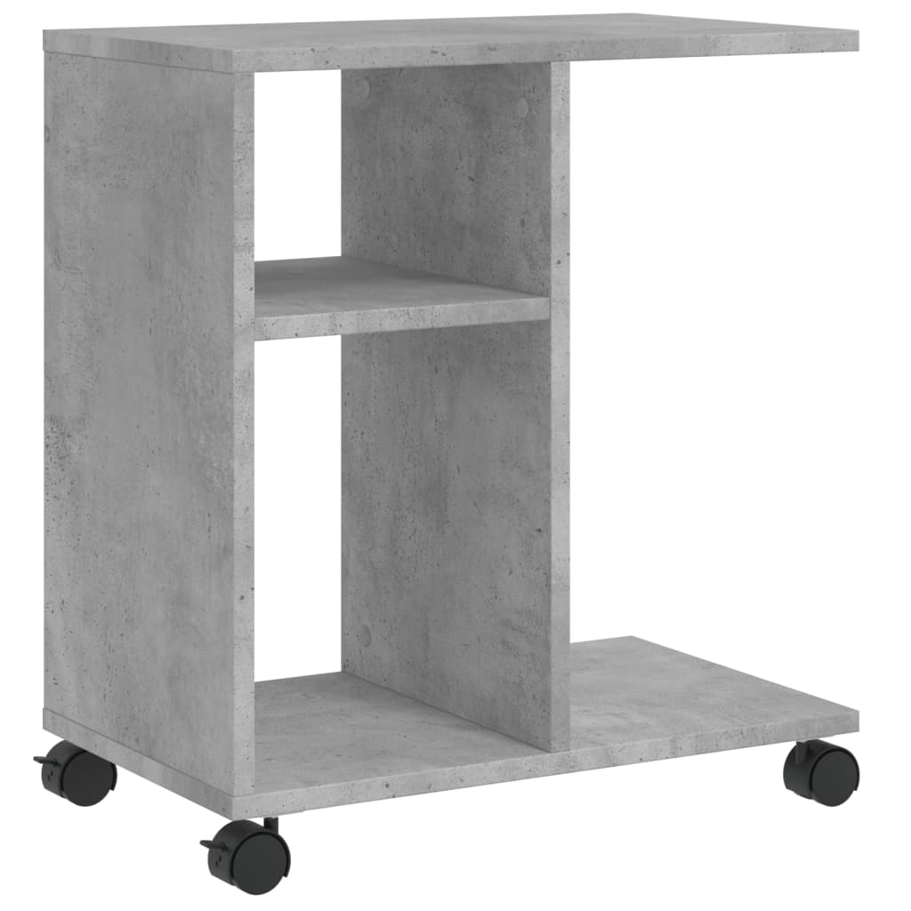 betonszürke szerelt fa kisasztal kerekekkel 50 x 30 x 55 cm
