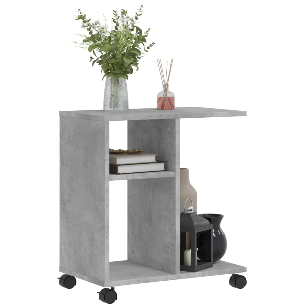 betonszürke szerelt fa kisasztal kerekekkel 50 x 30 x 55 cm