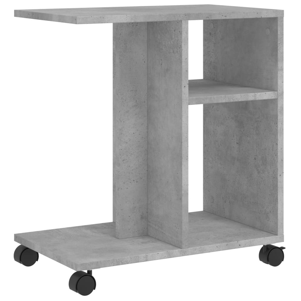 betonszürke szerelt fa kisasztal kerekekkel 50 x 30 x 55 cm
