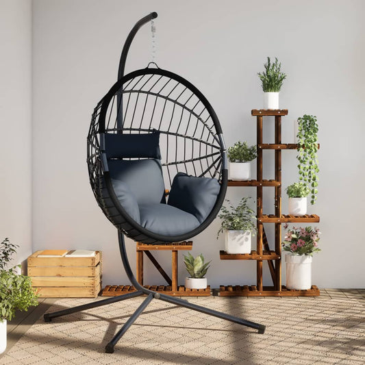 antracitszürke rattan és acél függő kagylószék állvánnyal